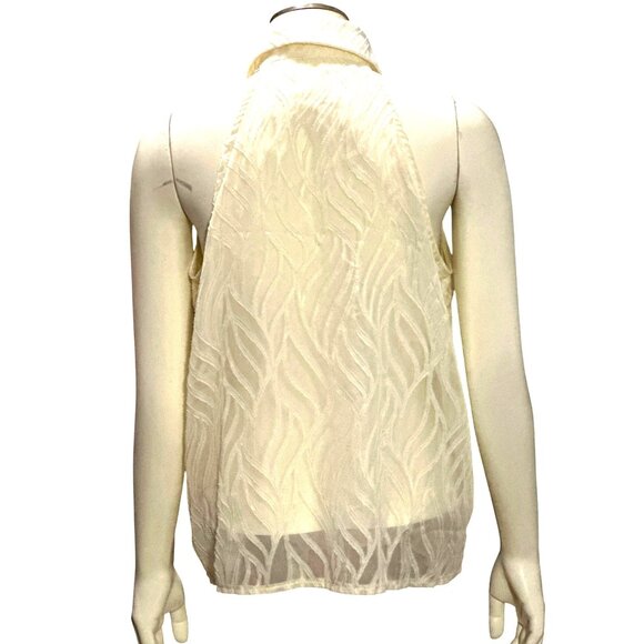 CCC Sheer Beige White Sleeveless Halter Blouse Leaf Pattern Button Up Front Med - Picture 3 of 8